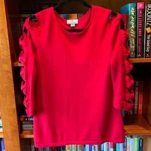 Red CeCe cold shoulder bow detail sweater